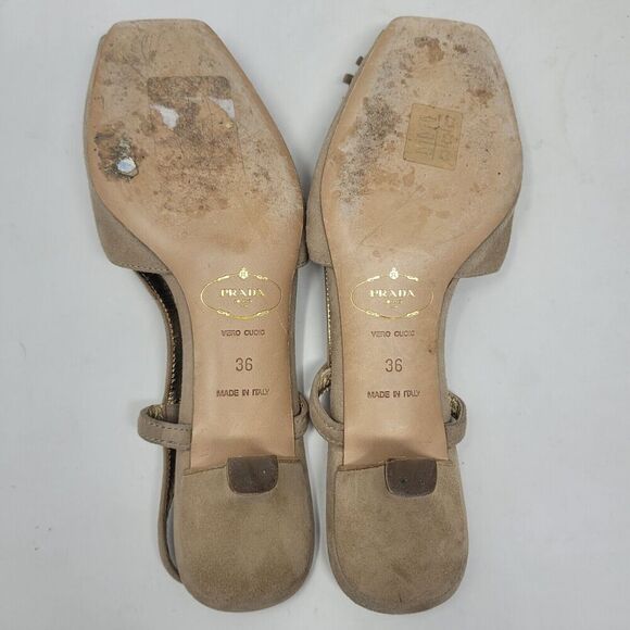 Prada Sandals IT36 US6 Tan Brown Suede Kitten Tassels Peep Toe Slingback Dainty - Picture 9 of 13